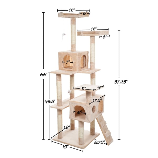 Pet Adobe Cat Tree House, Multi-Level, Scratching Posts, Condos, Perches & Toys, 66-Tall, Beige